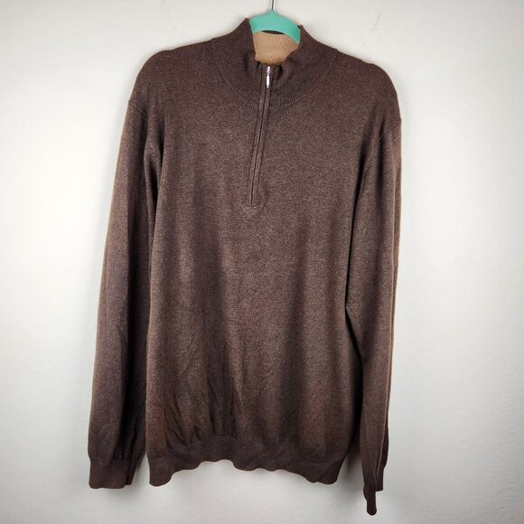 J. Hilburn Brown Cotton Silk Cashmere Half Zip Knit Sweater sz LT Flawed - Picture 1 of 9